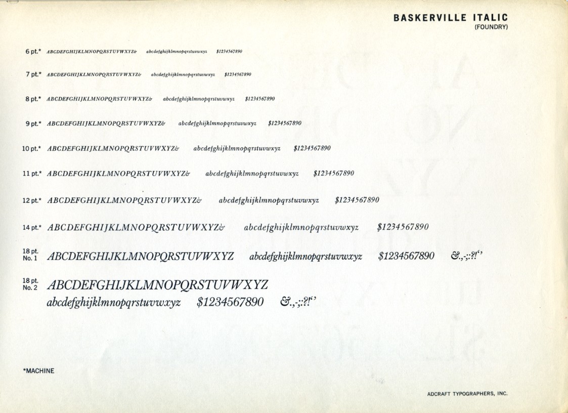 Spécimen de caractère italique Baskerville. Photo par James Puckett, Wikimedia Commons, CC BY 2.0.