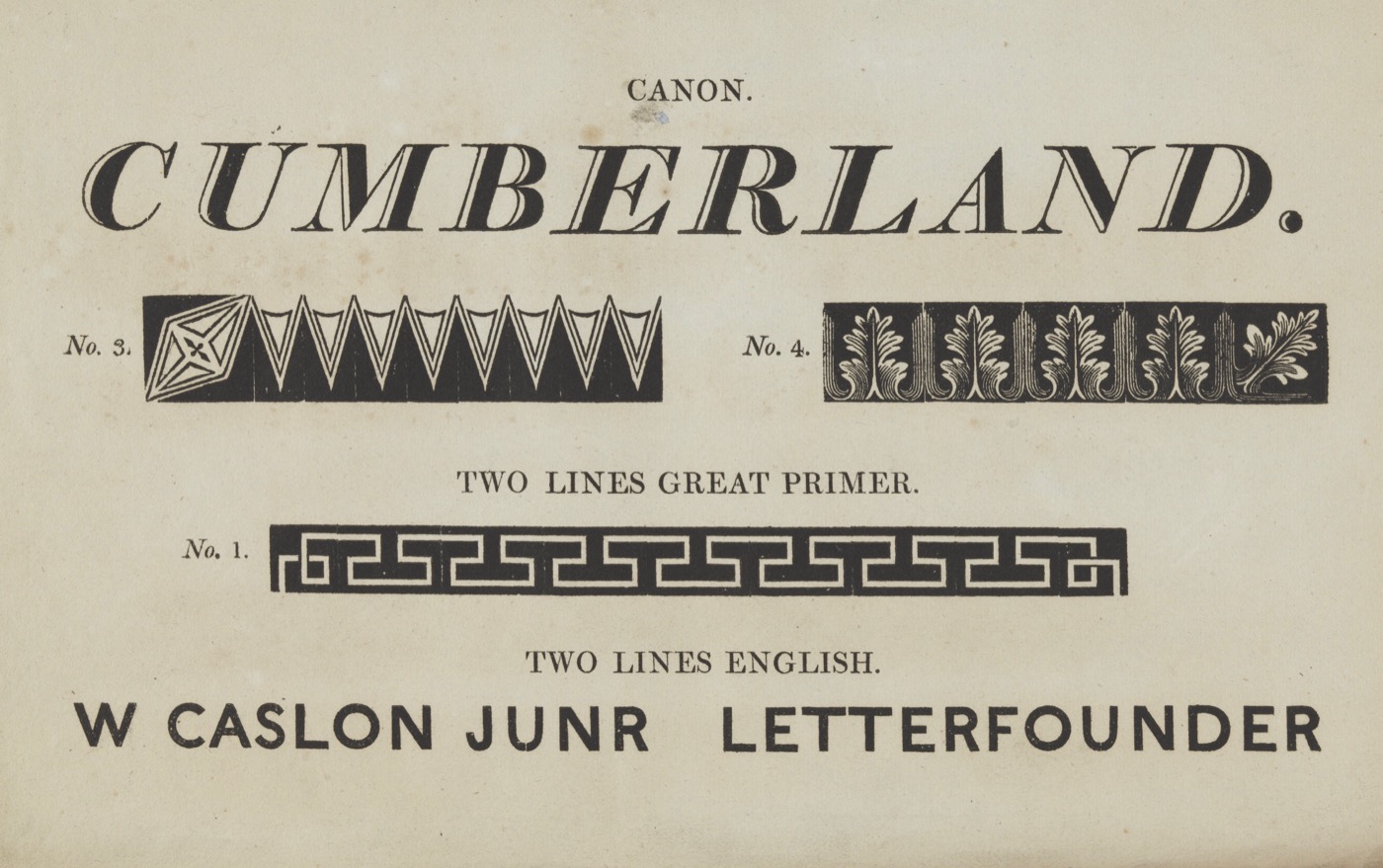 Le Two Lines English Egyptian de William Caslon IV, la première police sans-serif connue, v. 1816. Columbia University, via Wikimedia Commons, domaine public.