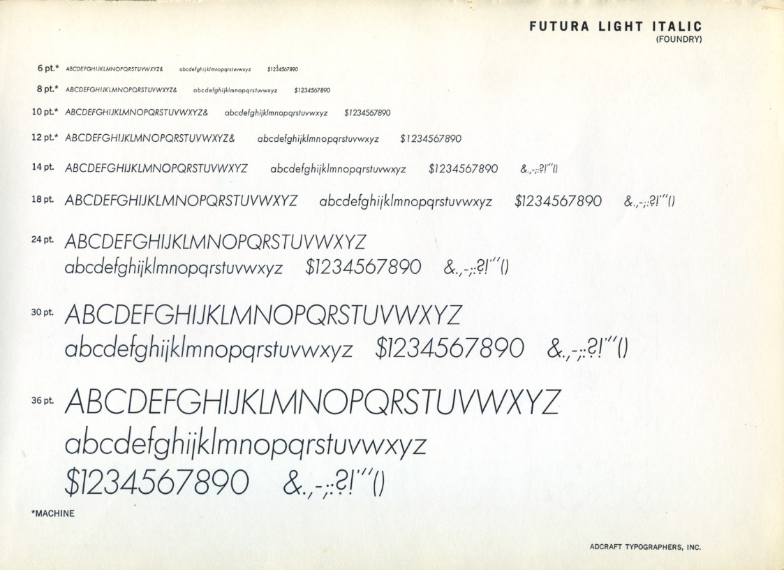 Spécimen de caractère Futura Light Italic. Photo par James Puckett, Wikimedia Commons, CC BY 2.0.