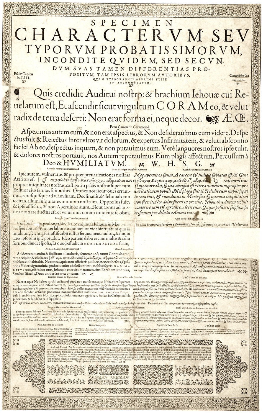 Specimen Characterum, une planche de spécimen d'époque montrant les romains, italiques, et caractères grecs et hébraïques de Garamond en plusieurs corps.